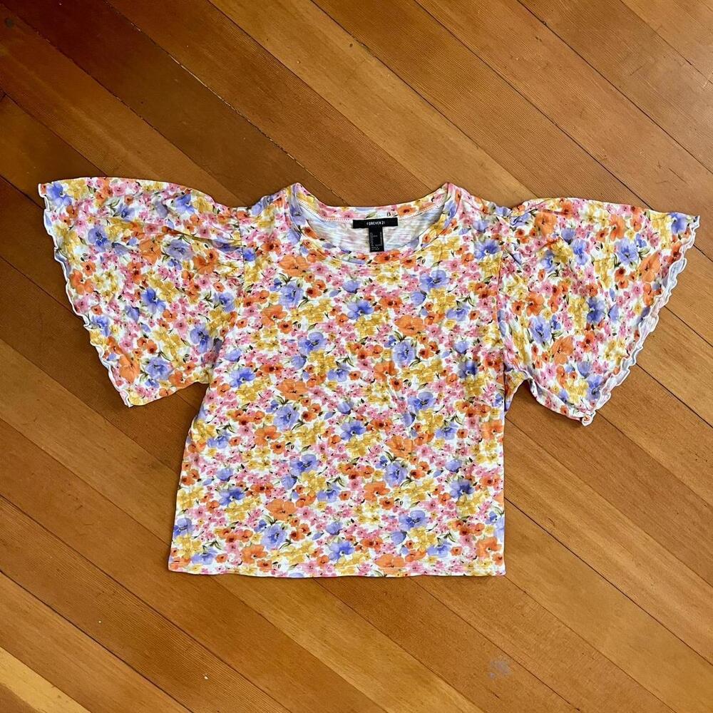 Forever 21 Bright Spring Multi Colored Crop Top with Bell Sleeves, Size M